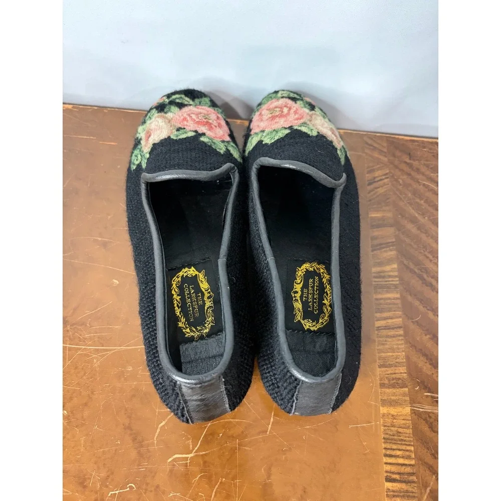 The Larkspur Collection Needlepoint Loafers Black Floral Rose Flats Women Size 7